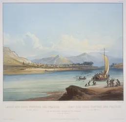 Kamp van de Gros Ventres van de Prairies aan de Boven-Missouri, gegraveerd door S. Himely, gepubliceerd in 1841